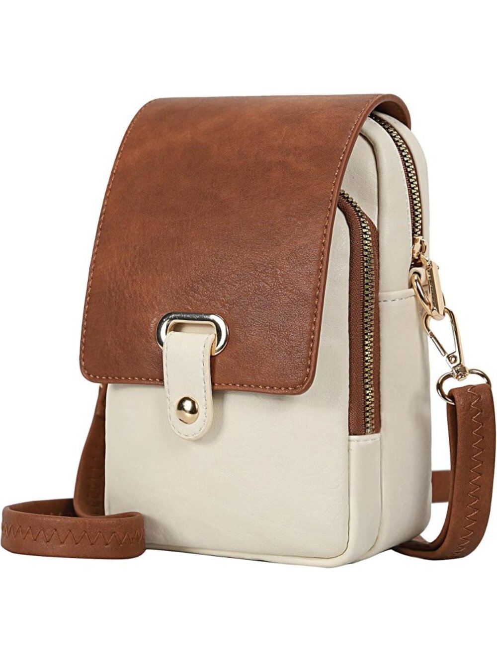 Women's White Brown Vegan Leather Purse Cell Phone Bag Travel Crossbody Bag